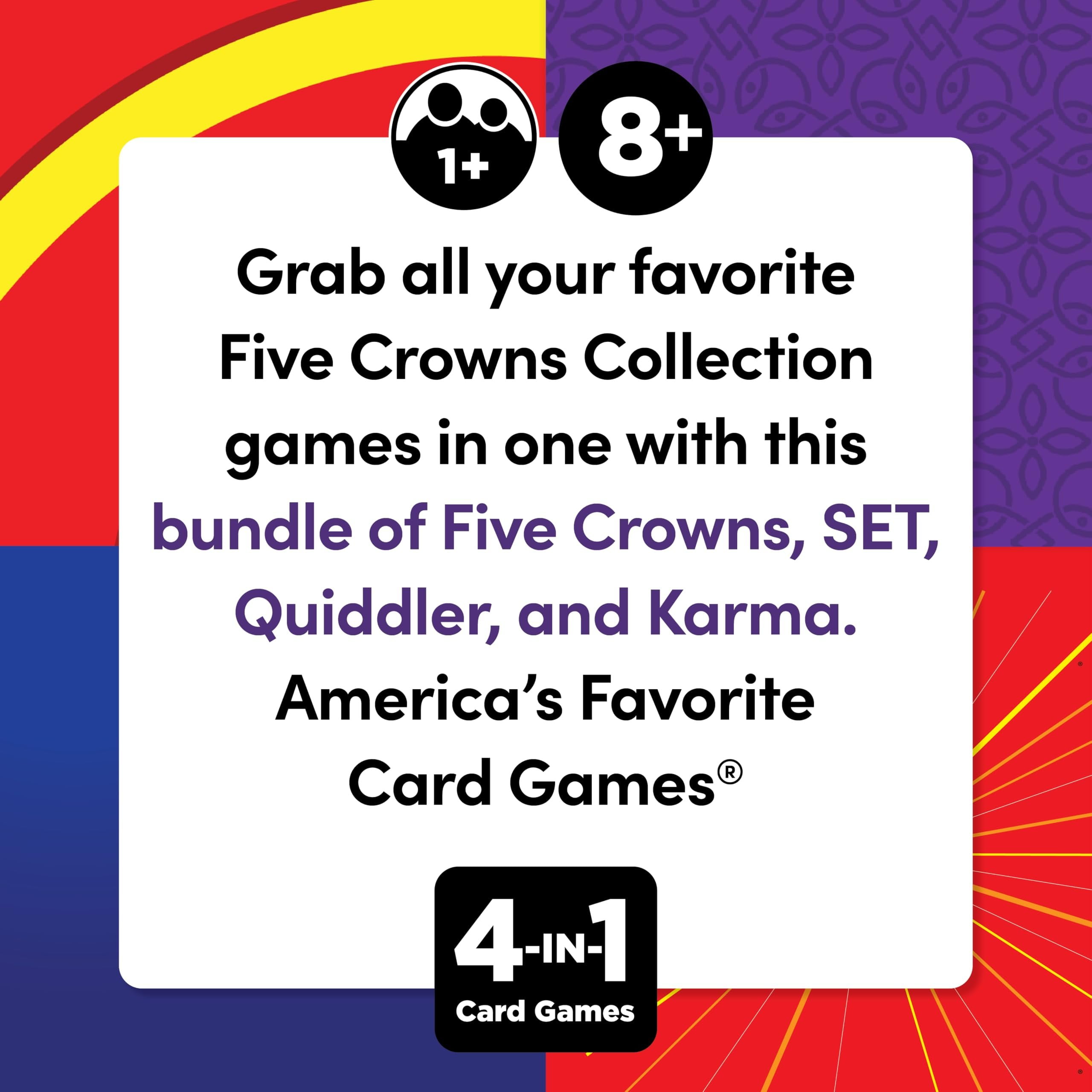 PlayMonster Five Crowns Collection 4-Game Bundle - Five Crowns, SET, Quiddler, and Karma Card Games, 1+ Players Ages 8+