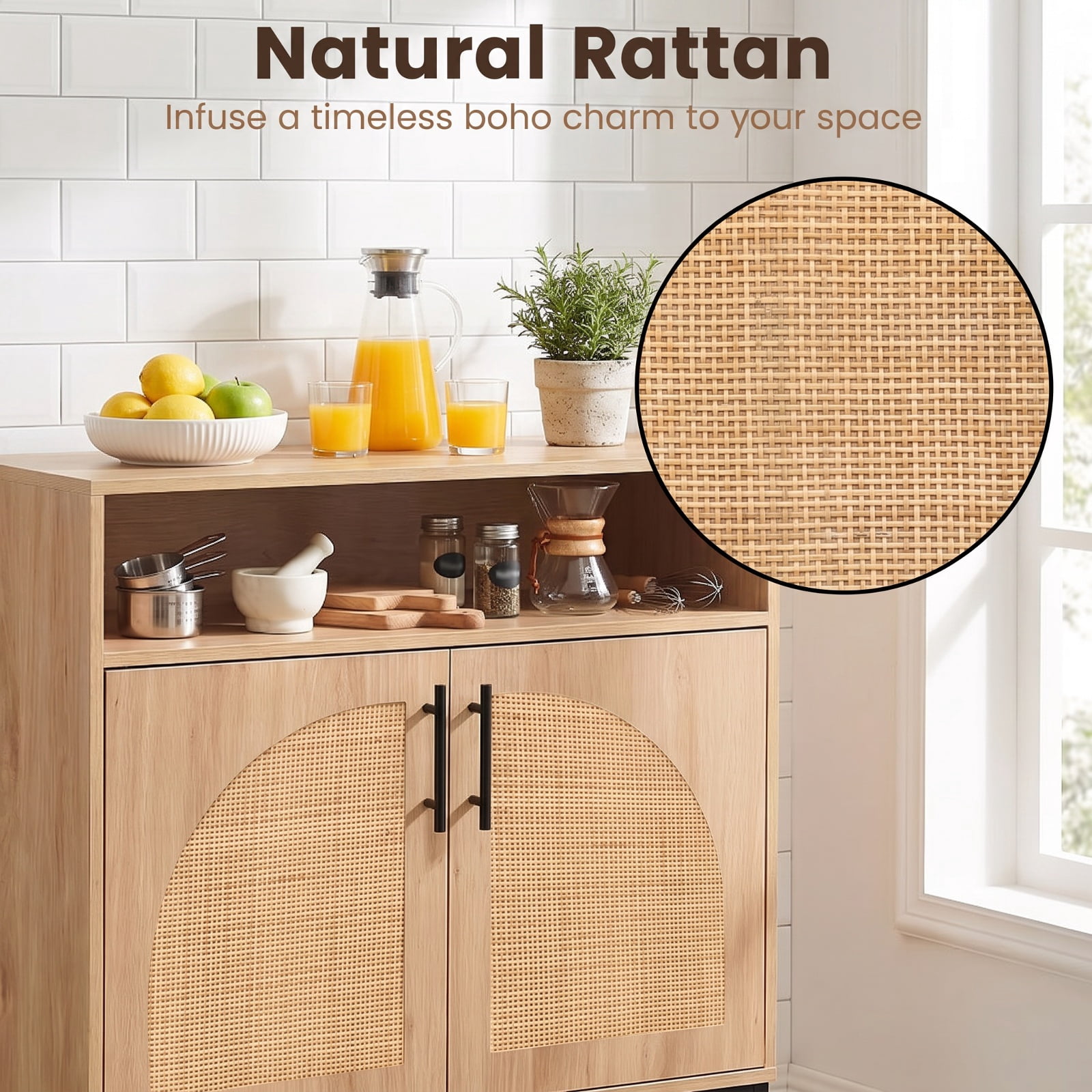 Furnibear 32" Sideboard Buffet Cabinet with 2 Natural Rattan Decorated Doors and Adjustable Shelf for Kitchen Dining Living Room Buffet, Natural