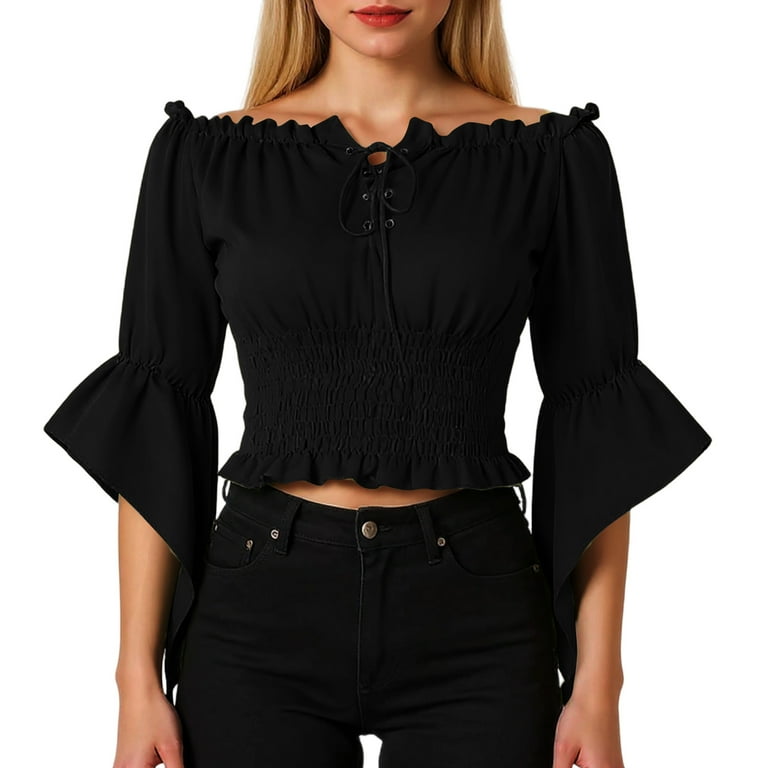 TrdSipl Women's Cute Off the Shoulder Ruffle Trim Blouse Slim Fit