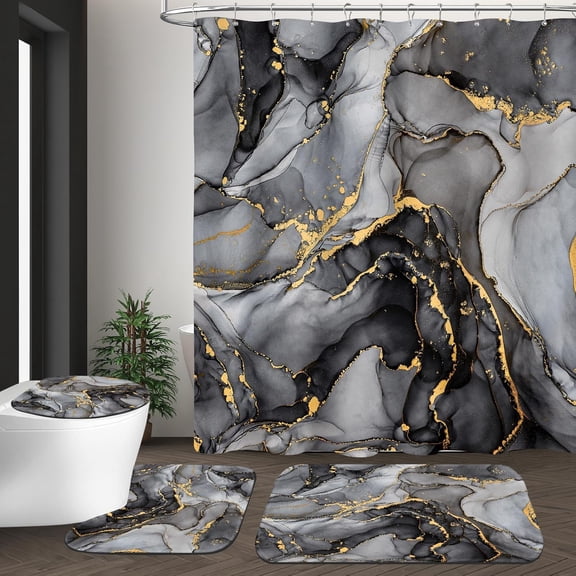 4 Pcs Blue Marble Shower Curtain Sets with Rugs Gold Bathroom Sets with Shower Curtain and Rugs Modern Abstract Bathroom Decor Accessories Shower Curtains for Bathroom Toilet Lid Cover