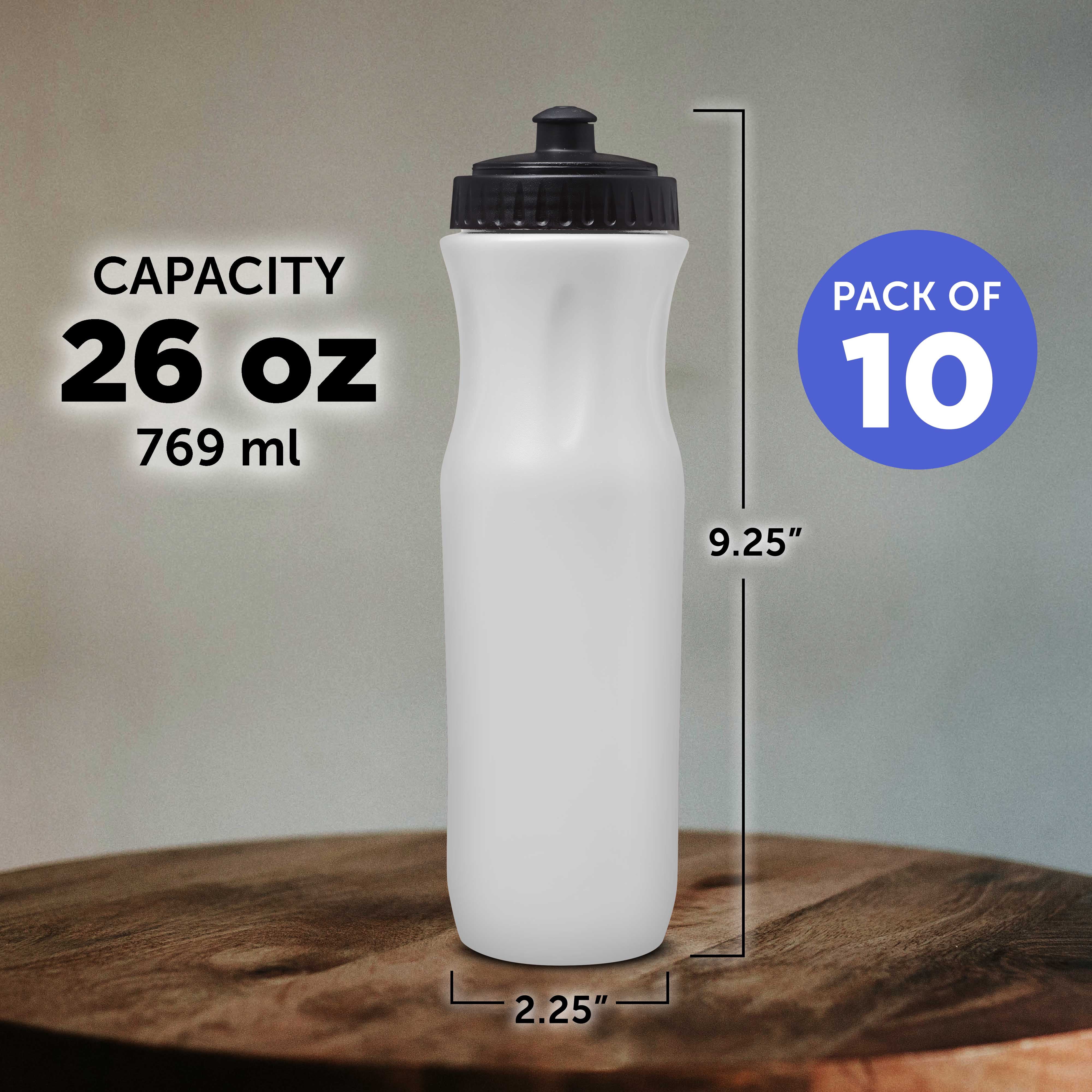 10 Plastic Water Bottles Set, 26 oz. - Black Push Top Lid - White