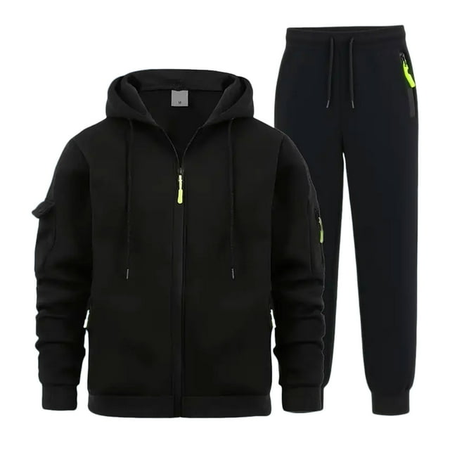 Ketyyh-chn99 Ensemble 2 Pcs pour Homme à Col Ras du Cou, Mode Homme, Doublé en Molleton, Fermeture Éclair Intégrale, Pantalon de Jogging à Capuche, Tenue de Sport Décontractée, Taille pour TG, Noir