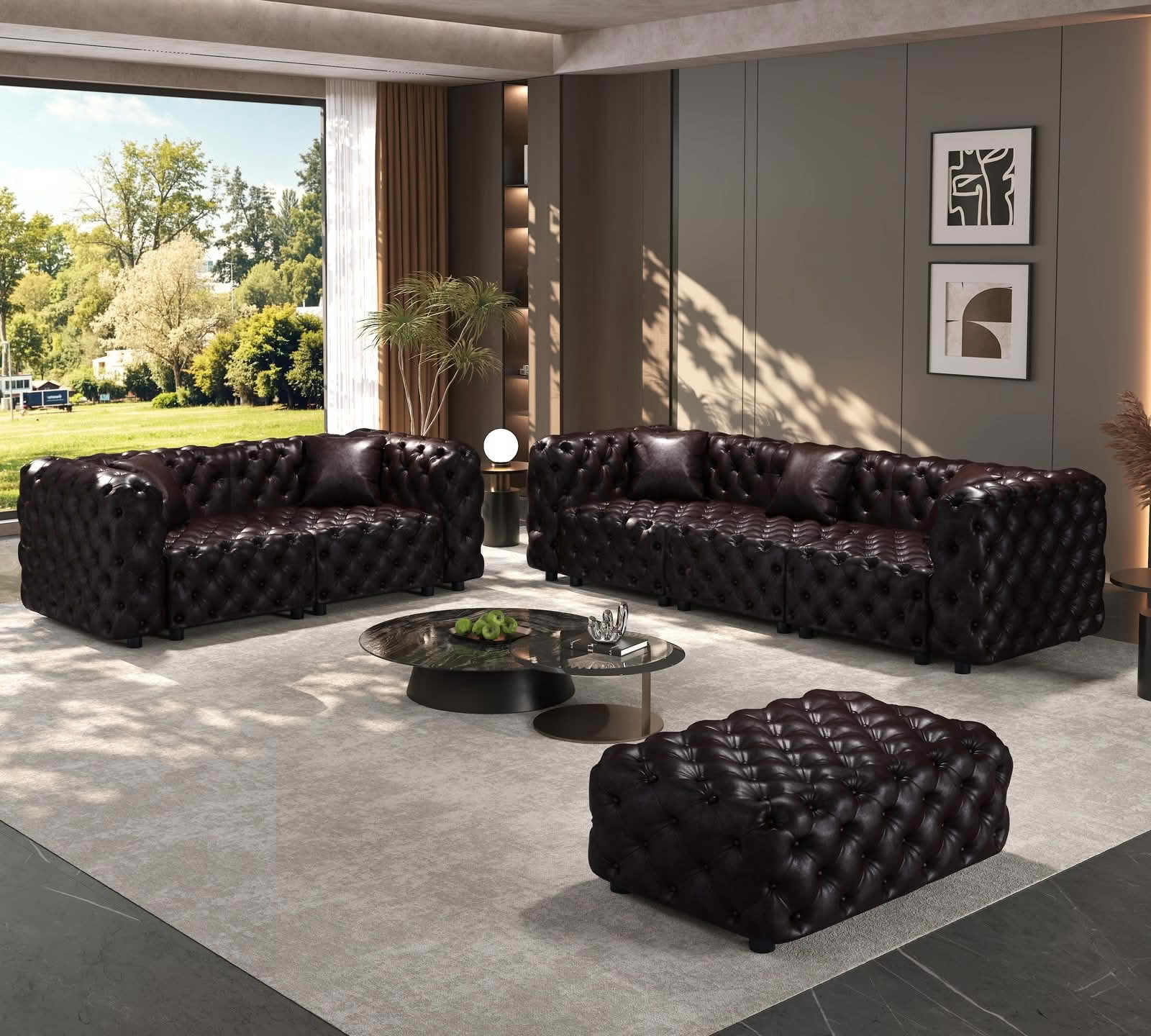 MAYEERTY 5‑Seat Faux‑Leather Modular Sofa Set, Handcrafted Button Tufted Couch with Ottoman & 5 Pillows for Living Room & Small Apartment