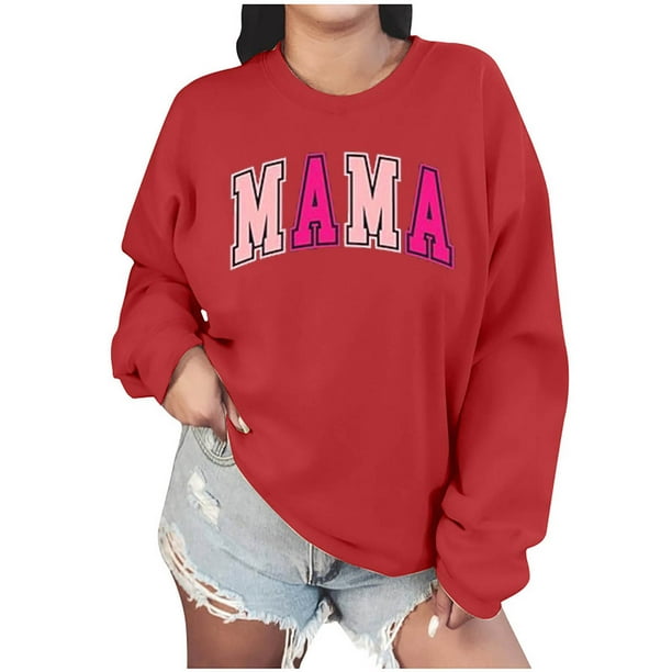 Sudadera Penkiiy Mama Mujer Oversize Glitter Patch Mama Crewneck Sudaderas Mama Print Manga Larga Sudadera Moda Suelta XS Rojo