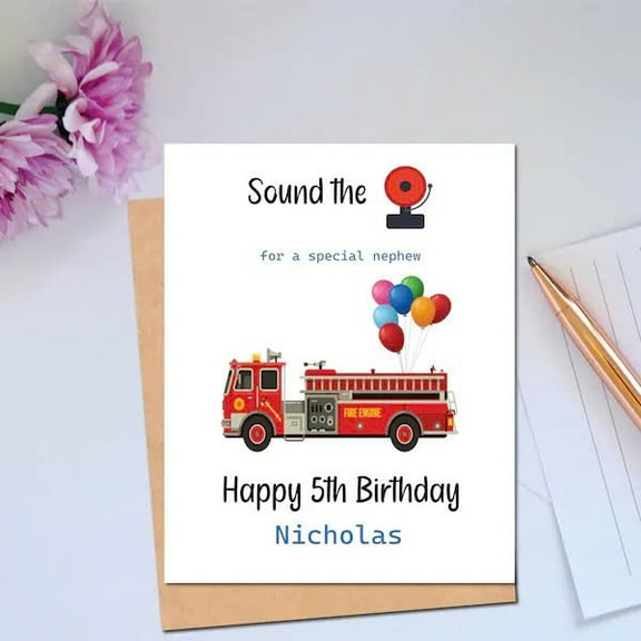 Fire Truck Birthday Card for Nephew – "Happy 5th Birthday" with Colorful Balloons – Personalize for a Special Celebration – Perfect for Kids