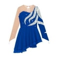 thumbnail image 3 of Hansber Kids Girls Mesh Splice Shiny Rhinestone Figure Ice Skating Dress Asymmetrical Lyrical Dance Royal Blue 16, 3 of 5