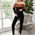thumbnail image 2 of Top con cuello redondo, pantalones, ropa de descanso, 2 piezas, Color de contraste, manga larga, lazo en la cintura, ropa de dormir de punto informal para mujer, negro S, 2 of 6