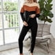thumbnail image 2 of Top de cuello redondo, pantalones, ropa de descanso, 2 piezas, Color de contraste, manga larga, lazo en la cintura, ropa de dormir de punto informal para mujer, 2 of 6