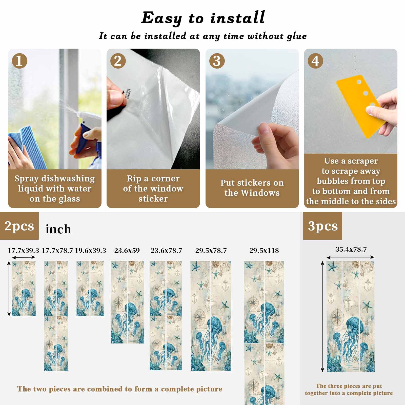 Nautical Teal Jellyfish Window Privacy Film, Ocean Corals Compass Vintage Brown Map Frosted Glass Window Clings Static Cling UV Heat Blocking Reusable Door Sticker for Bathroom 23.6 x 59 Inch