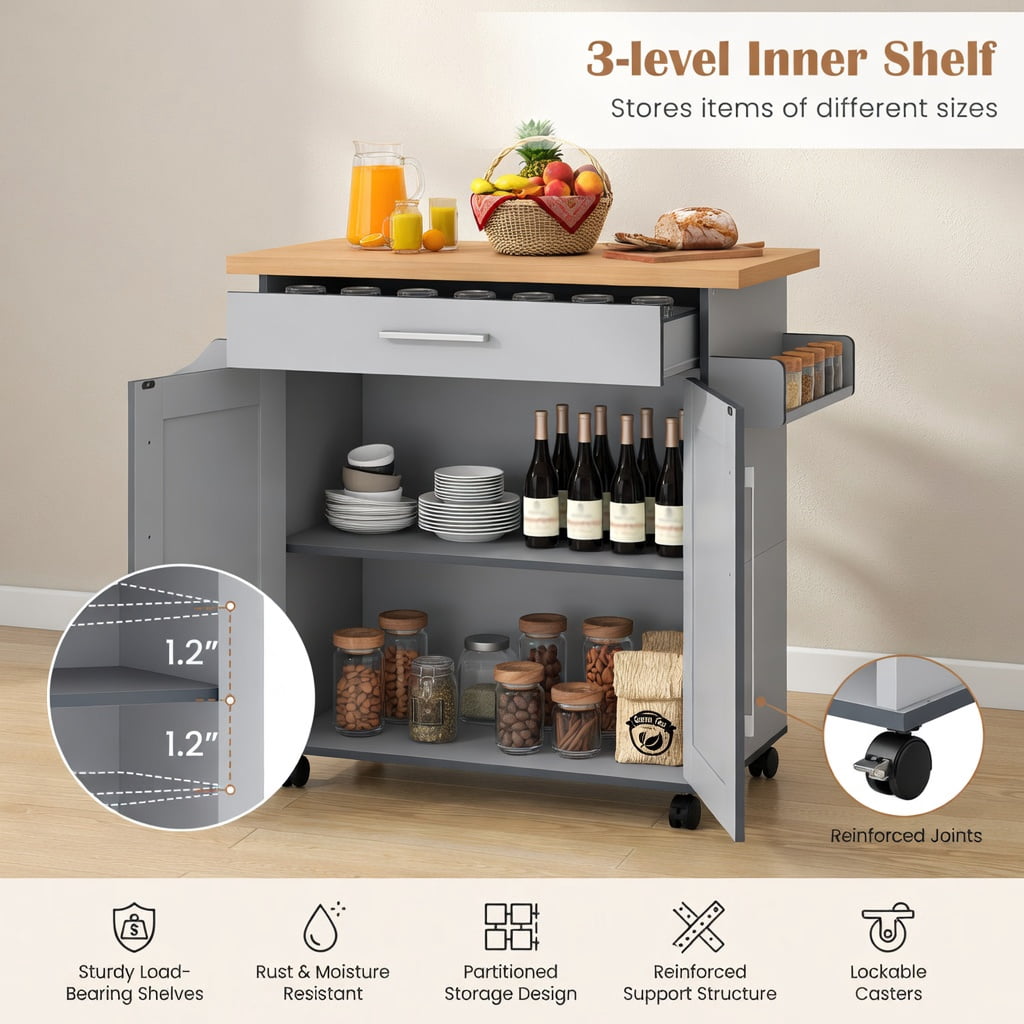 Demi Bonn Rolling Storage Cabinet Cart, Kitchen Island Cart, Rolling Kitchen Island Cart with Towel and Spice Rack, for Kitchen, Dining Room, Gray