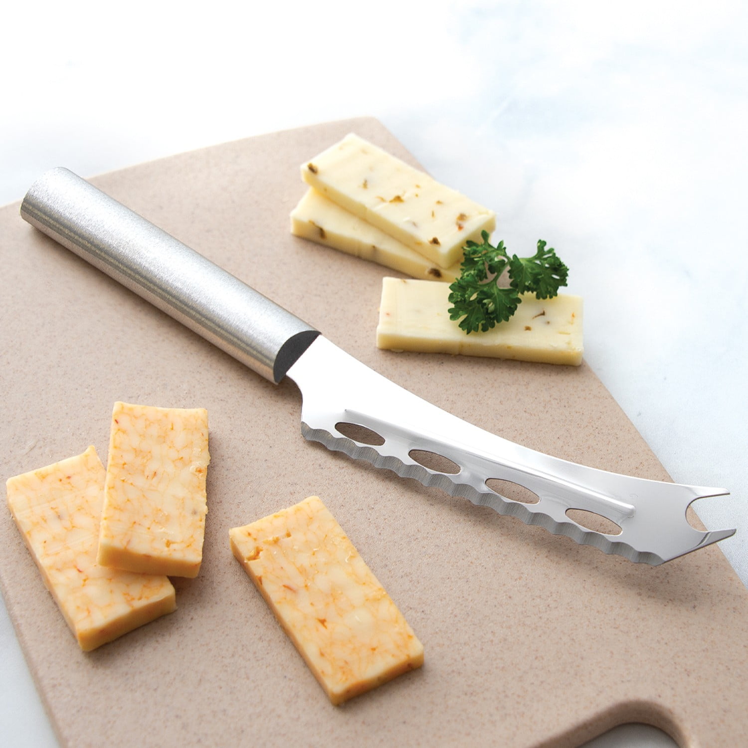 Rada Serrated Cheese Knife, Stainless Steel, Hand-Sharpened, 5.25 inch Forked Tip, Cutout Blade Knives, Aluminum Handle