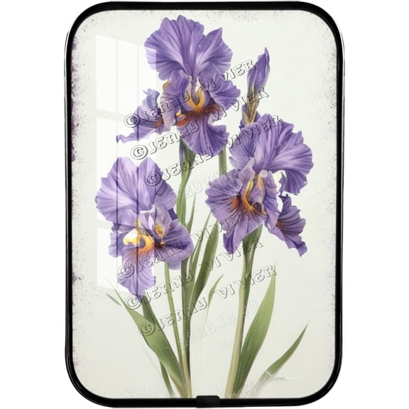 Purple Iris Framed Wooden Wall Art, Country Style, Floral Prints, Crystal Porcelain Painting Artwork for Bedroom Bathroom Kitchen Man Cave Wall Decor Black Framed Art 12x8 inches