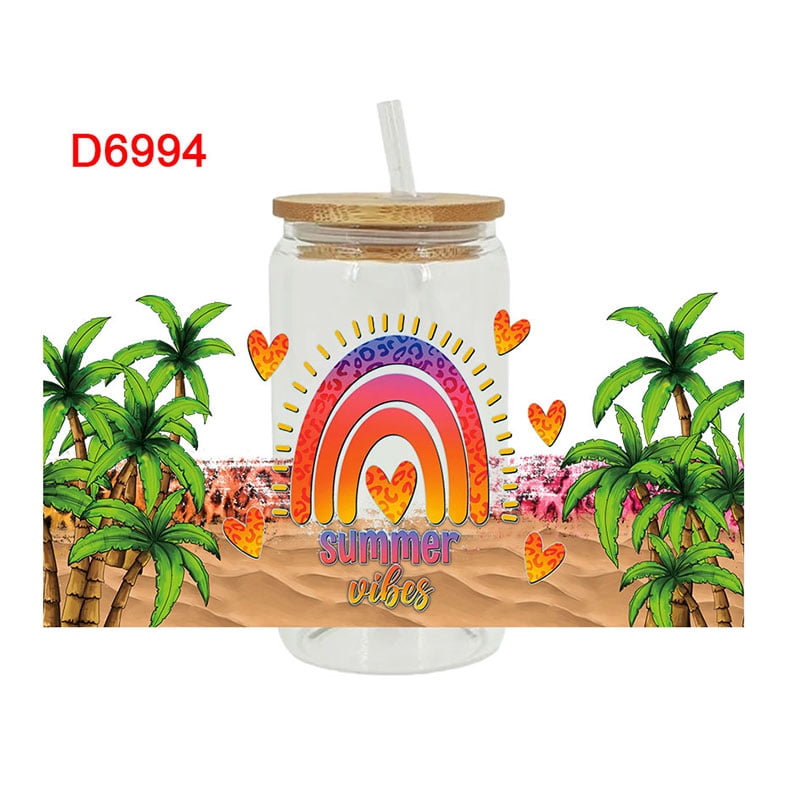 UV DTF Transfer Sticker Summer Beach Tree For The 16oz Libbey Glasses Wraps Bottles Cup Can DIY Waterproof Custom Decals D6993