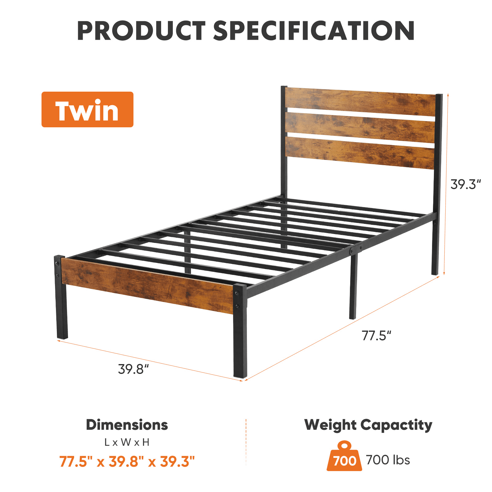 MAYEERTY Twin Metal Bed Frame - Headboard & Footboard, 800LBS Slats, No Box Spring