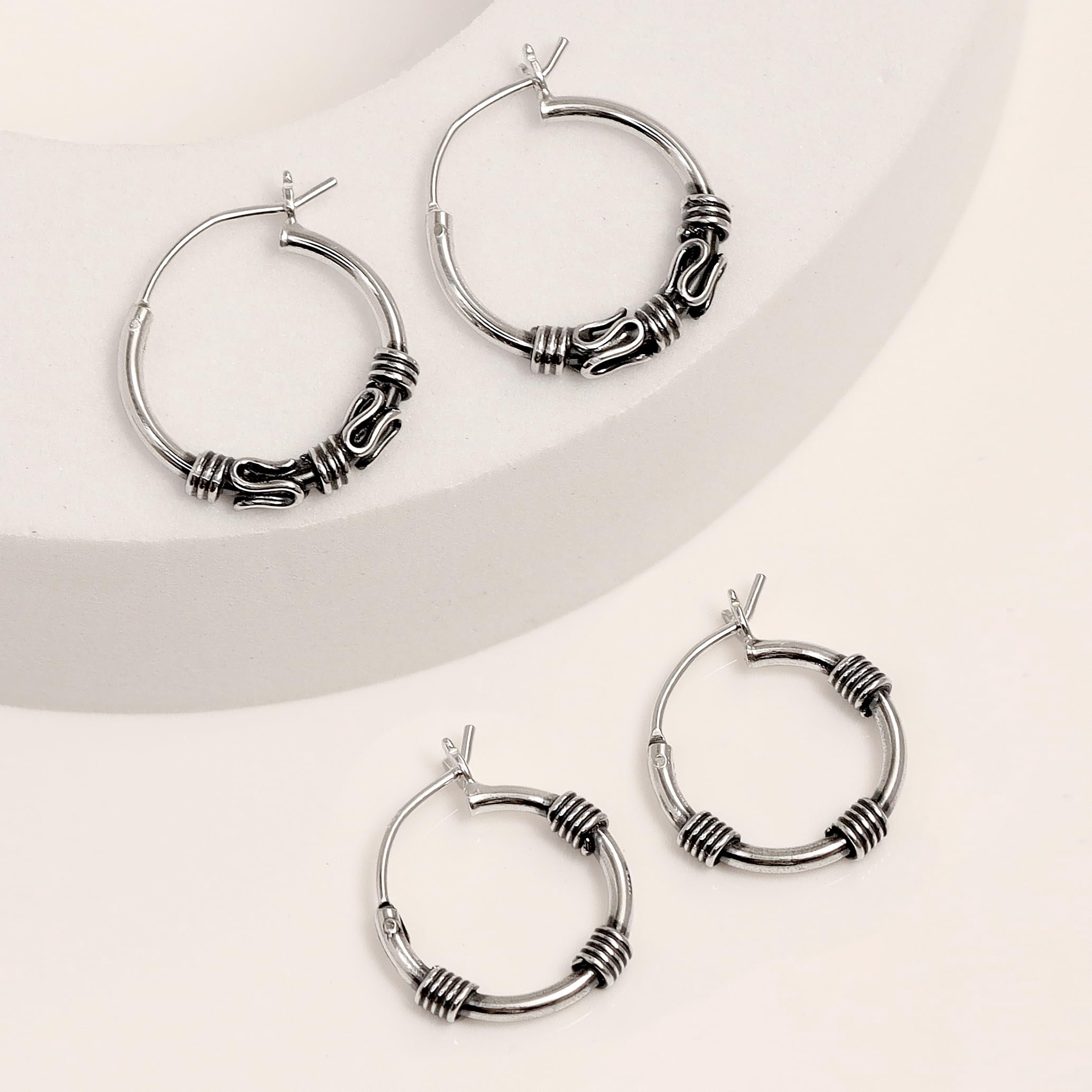 LeCalla Hypoallergenic Balinese Antique Sterling Silver Hoop Earrings, Small Set of 2 Pairs (14mm, 16mm)