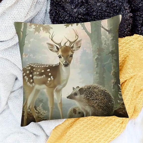FCXZI Cute Deer Hedgehog Throw Pillow Covers  Woodland Animal Square Cushion Covers Set of  Boys Girls Wild Animals Pillow Cases Nature Wildlife Tree Throw Pillowcases for Sofa Couch 18x18in