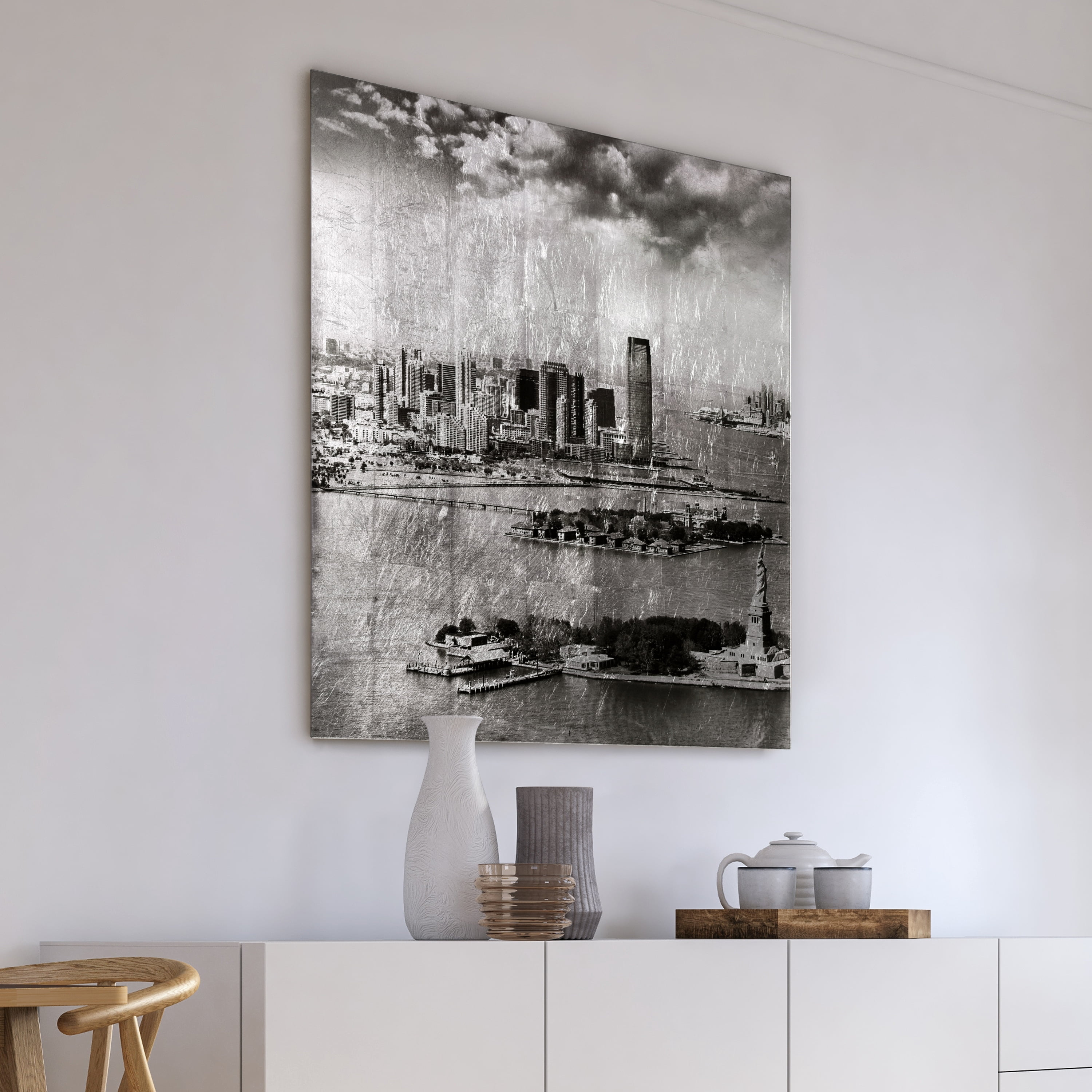 "New York Skyline A" Reverse Printed Tempered Glass with Silver Leaf