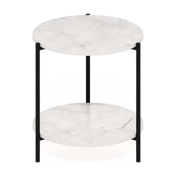 Round Side Table, 2-Tier Metal Frame Accent Table, Marble White Finish - 15.55"W x 10.58"H