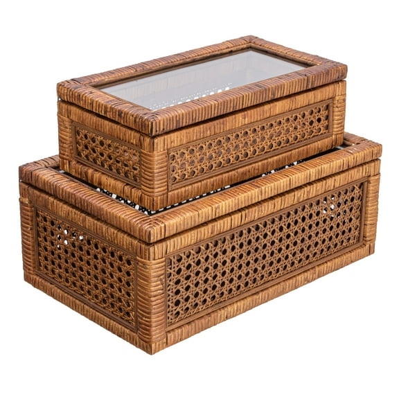 Creative Co-Op Modern Decorative Rectangle Woven Rattan and Wood Display Boxes with Glass Top, Set of 2 Sizes, Dark Brown Finish