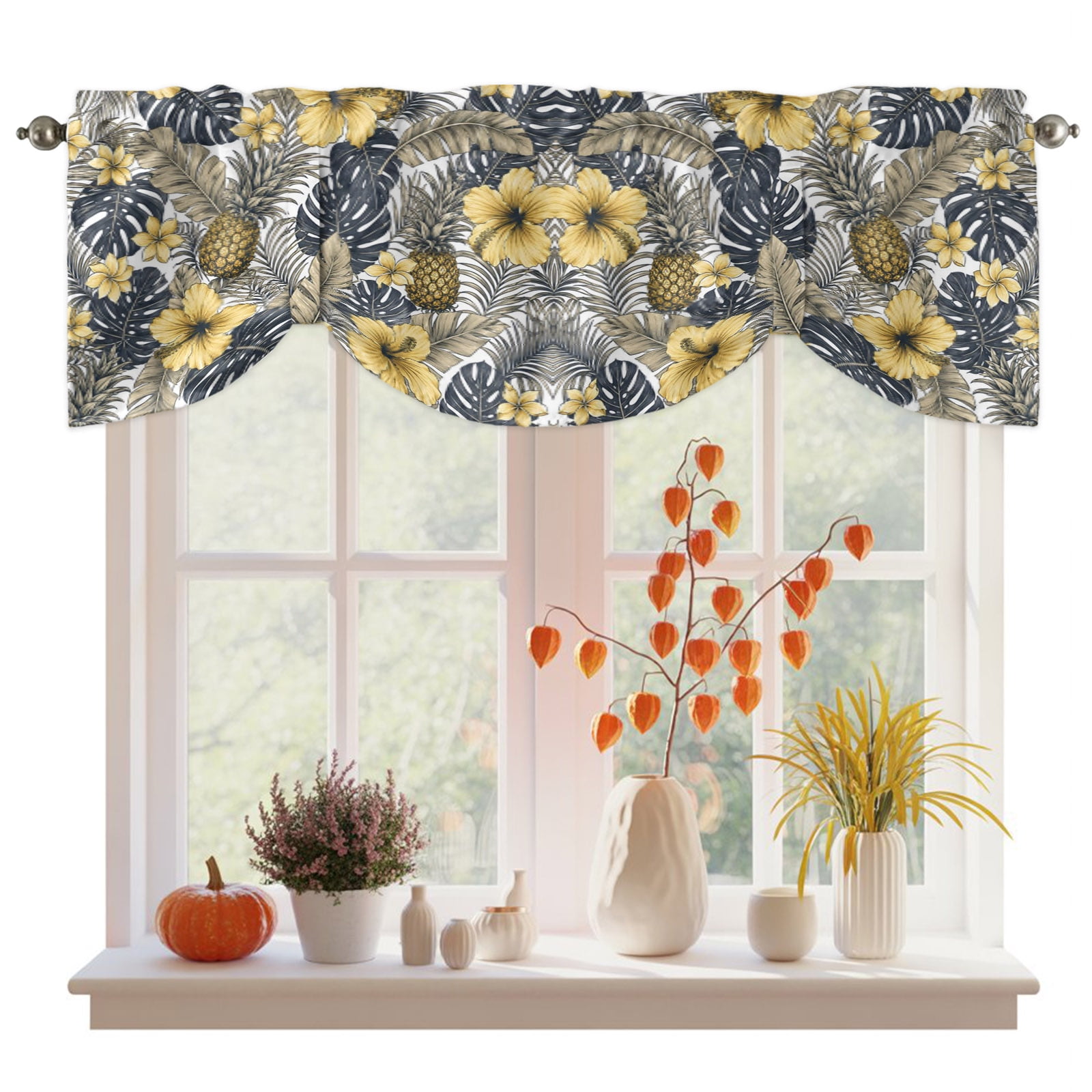 Tropical Plants Tie Up Valance Curtains for Windows Kitchen Curtains Window Treatments Yellow Flowers Pineapple Palm Leaves Short Window Shades Valances for Bedroom Bathroom Cafe 42 x18