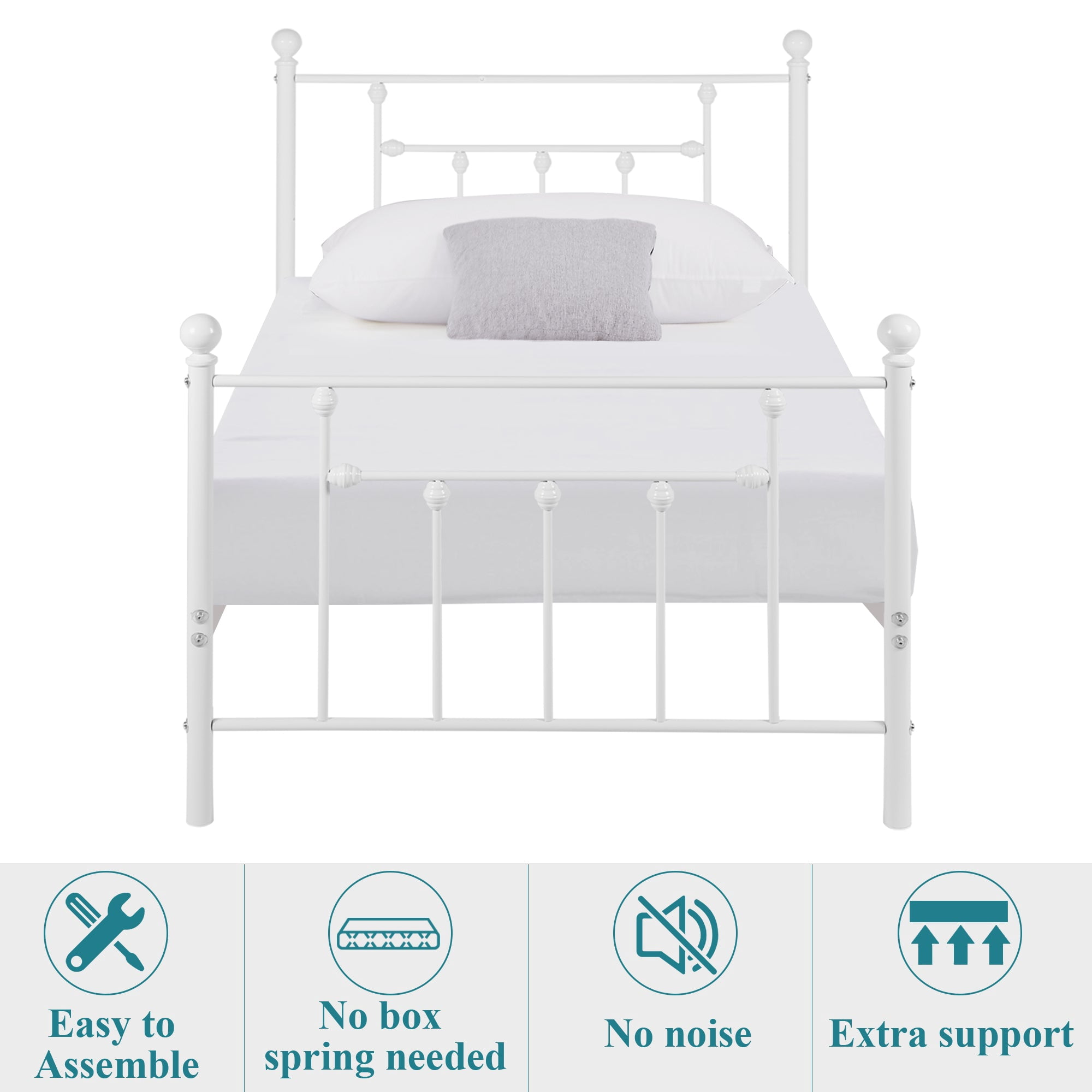 VECELO Twin Size Metal Platform Bed Frame with Headboard & Footboard, Heavy Duty Steel Slats, White