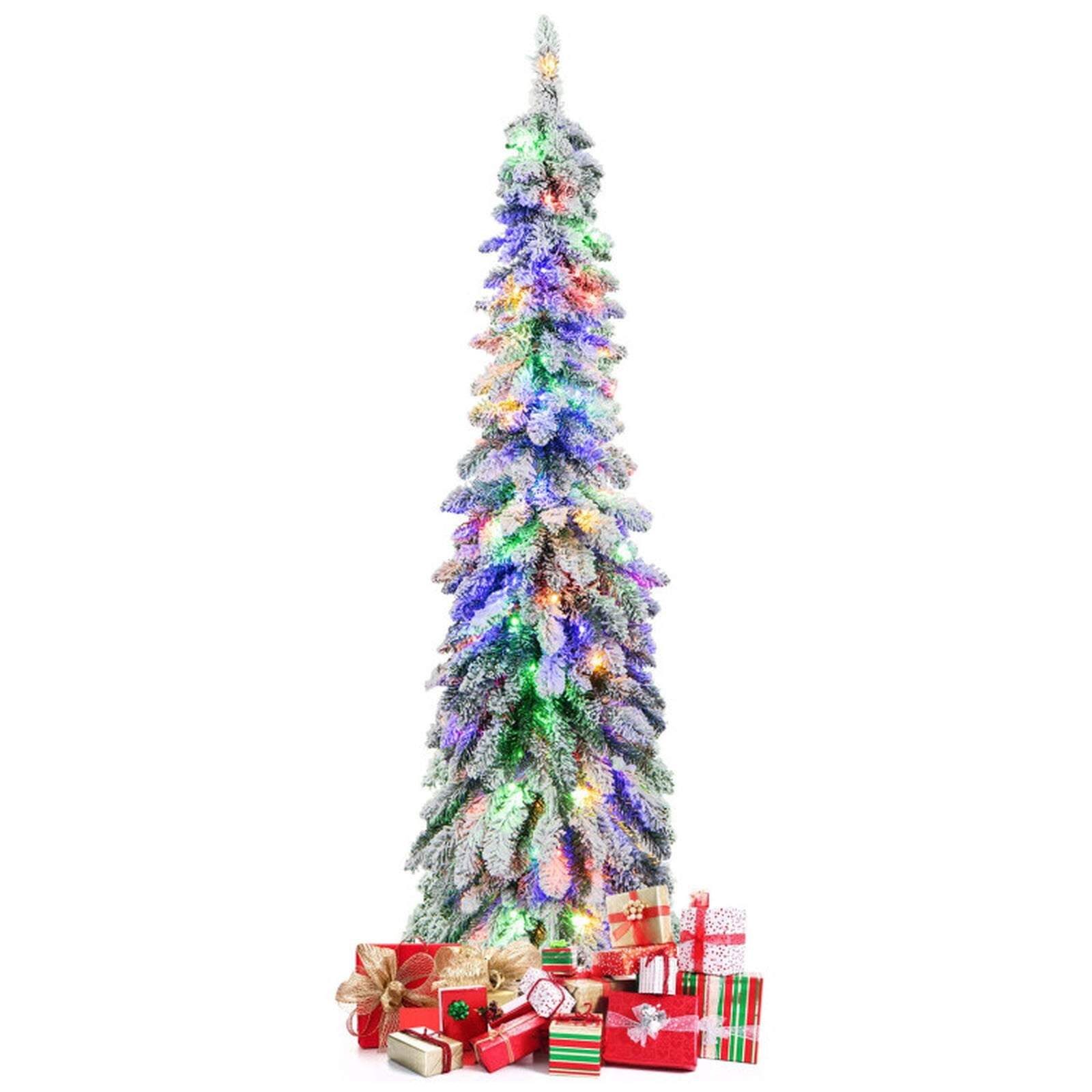 RUIE 5 ft Snow-Flocked Pencil Christmas Tree, Slim Pre-Lit Green White Xmas Tree with 150 LED Lights, 11 Modes and Timer
