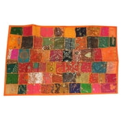 Mogul Indian Tapestry Colorful Reds,Oranges, Green, Gold, Black, Teal, Sequin Embroidered Patchwork Table Runner Wall Decor