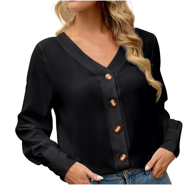 Mujeres clásico color sólido botón gasa manga larga suelta túnica Tops blusas camisa Pompotops FGAJ13871