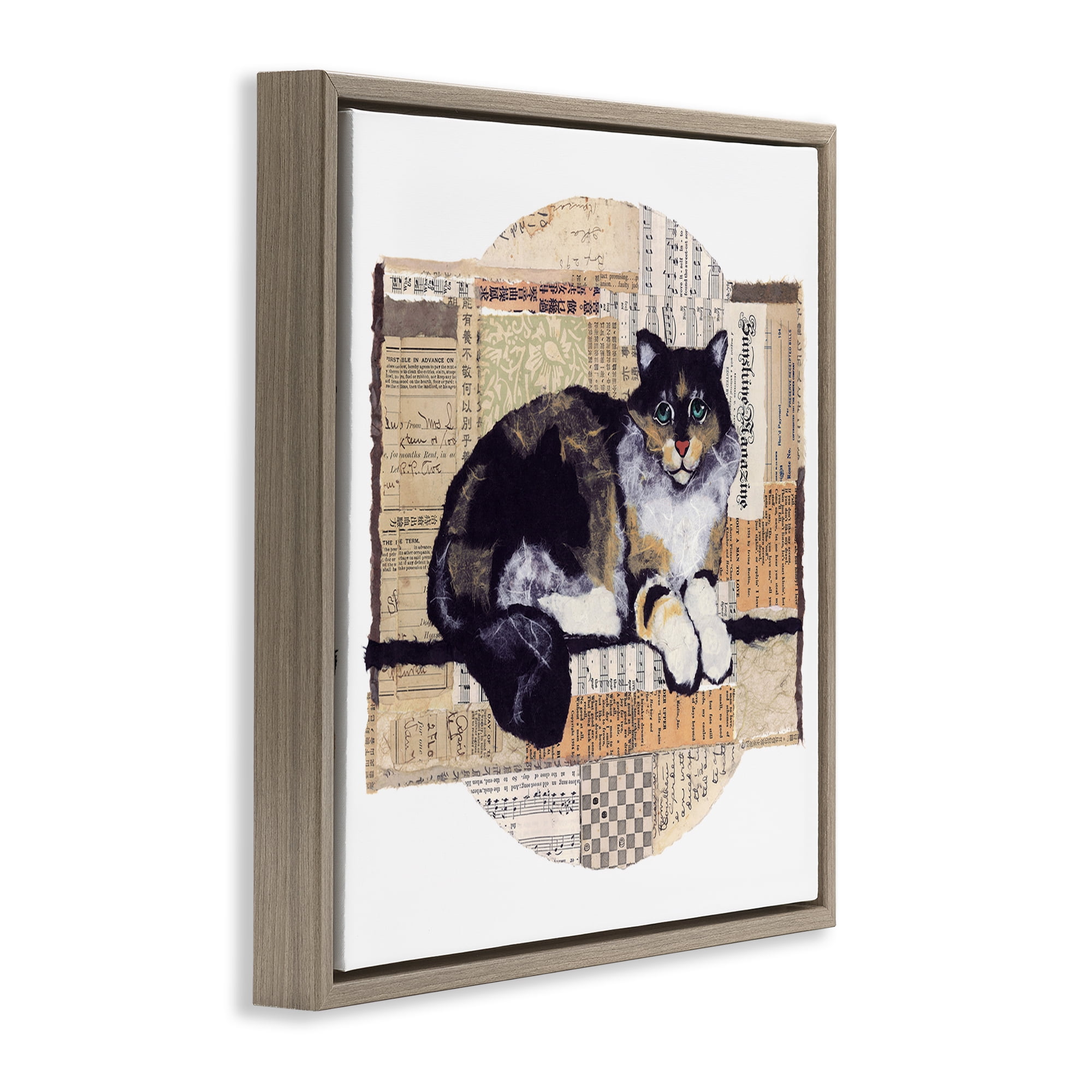 Stupell Industries Cat with Vintage Collage Animals & Insects Painting Brown Floater Framed Canvas Art Print Wall Art, 25 x 25