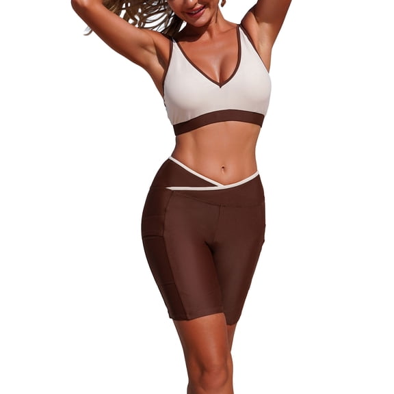 MOJOGO Two Piece Beachwear for Women Color Block Swim Top High Waisted Cross Waist Pants with Side Pocket Sporty Tankinis XL