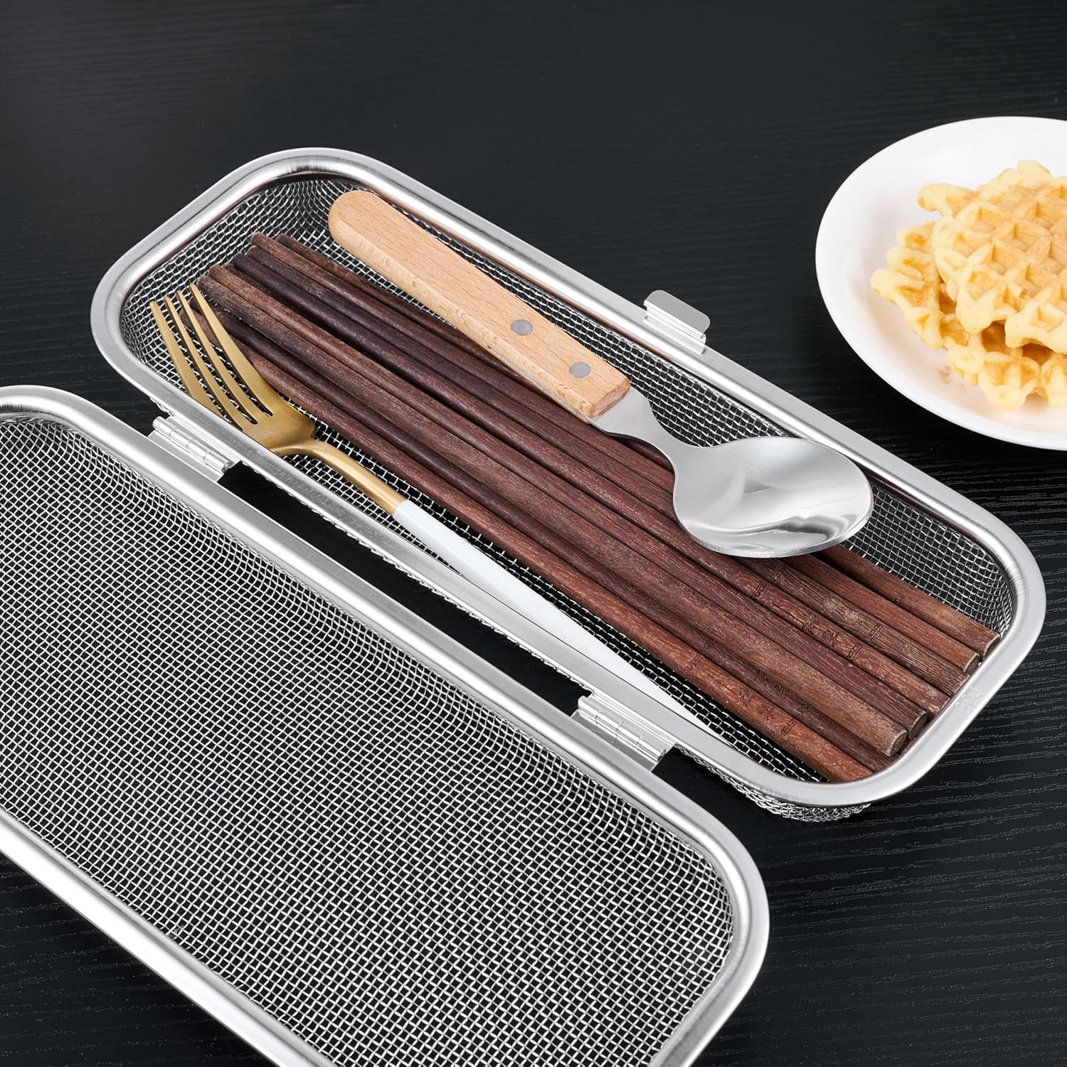 ABPETE Chopstick Holder for Dishwasher, Kitchen Small utensil organizer for drawer, Mesh 304 Stainless Steel with Lid and Lock, Great accessory for Chopstick or Straw