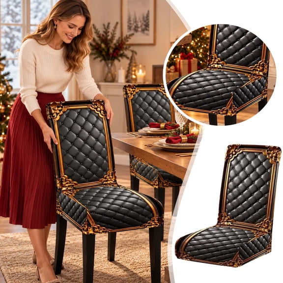 Stretch Dining Chair Slipcover, Black Gold Quilted Chair Cover Washable Seat Protector, High Elastic Fit High Back Chair for Holiday Dinner Formal Party Kitchen Dining Room Home Decor