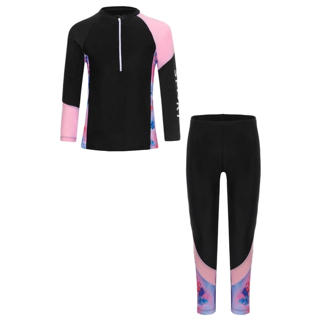 Ocealan Kids Girls 2Pcs Rash Guard Swimsuit Zipper Swim Tops Bathing Suit with Pants Long Sleeve Wetsuit Black 110