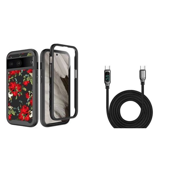 BD Hybrid Case for Google Pixel 7a Cover (Rose Noir Flowers) with Digital LED Display Fast Charging USB-C to USB-C Cable (3.3 Feet)