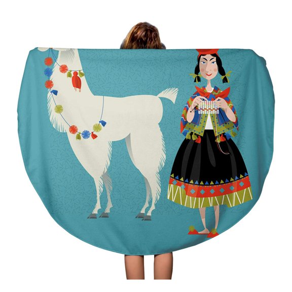 SIDONKU 60 inch Round Beach Towel Blanket Lama Alpaca and Knitting Peruvian Woman Peru Bolivian Travel Circle Circular Towels Mat Tapestry Beach Throw