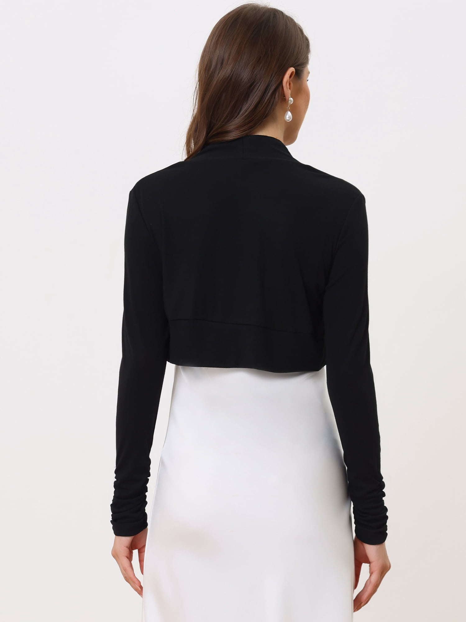 Unique Bargains Women's Bolero Shrug Top Ruched Long Sleeve Open Front Cropped Cardigan XS Black