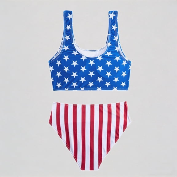 REDARER Girls' 2-Piece Bikini Set – USA Flag Star & Stripe Print Top Bottoms, Adjustable-Strap Swimwear for Teenagers & Children,5-6 Years