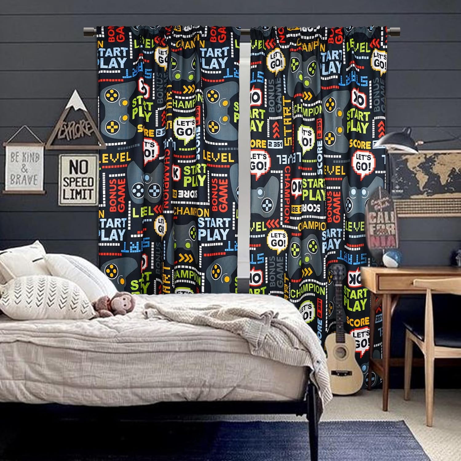 Gaming Curtains for Boys Blackout Video Game Curtains Gifts for Gamer Living Room Bedroom Decor 2 Panel Set, 41"x63"