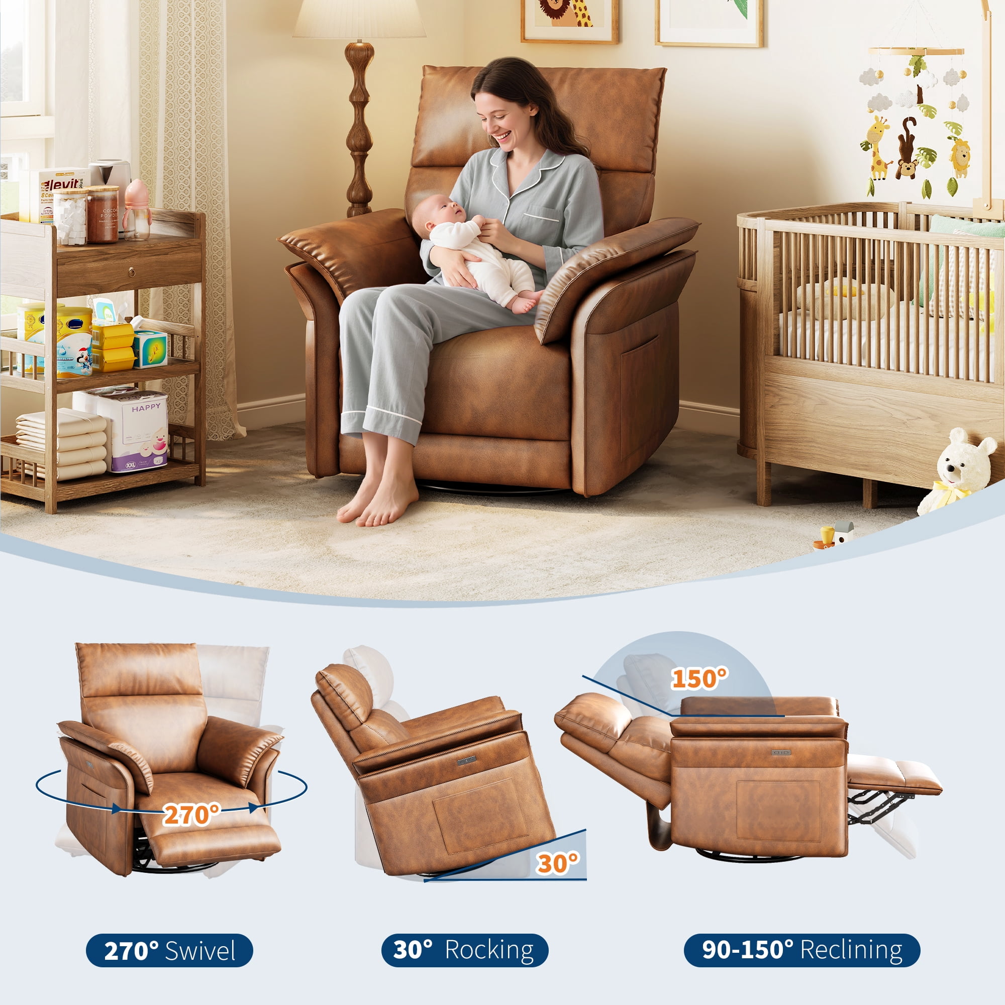 Power Recliner Chair Glider – Swivel Rocker with USB Charging Port, 270° Rotation, 350 lb Capacity, & Double-Layered Armrests – Chenille Upholstery for Living Room, Nursery, Bedroom