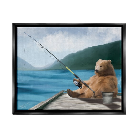 Stupell Bear Fishing Pole Lake Dock Animals & Insects Painting Black Floater Framed Art Print Wall Art