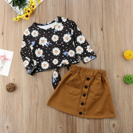 Toddler Kid Baby Girl Long Sleeve Daisy Tops+Suede Skirt Dress Outfit Clothes