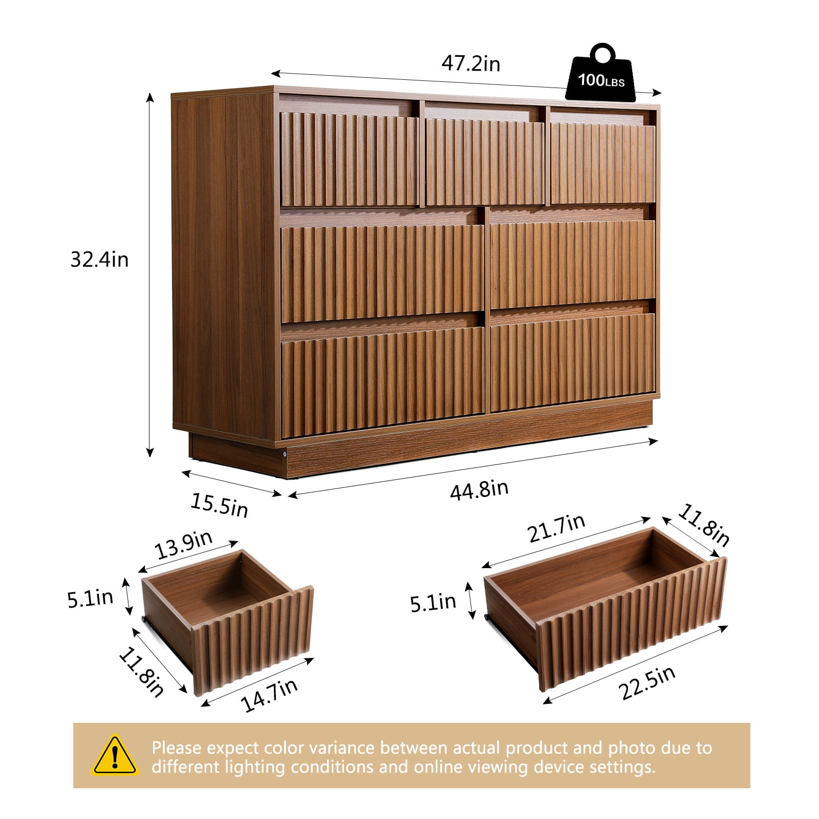 UPGO 7-Drawer Dresser 47"W Double Dresser With Waveform Fluted Panel