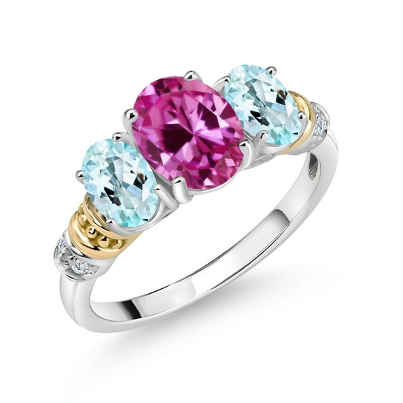 Gem Stone King 925 Sterling Silver and 10K Yellow Gold Oval Pink Created Sapphire Sky Blue Topaz and White Diamond 3 Stone Ring for Women (2.68 Cttw, Gemstone September Birthstone, Size 8)