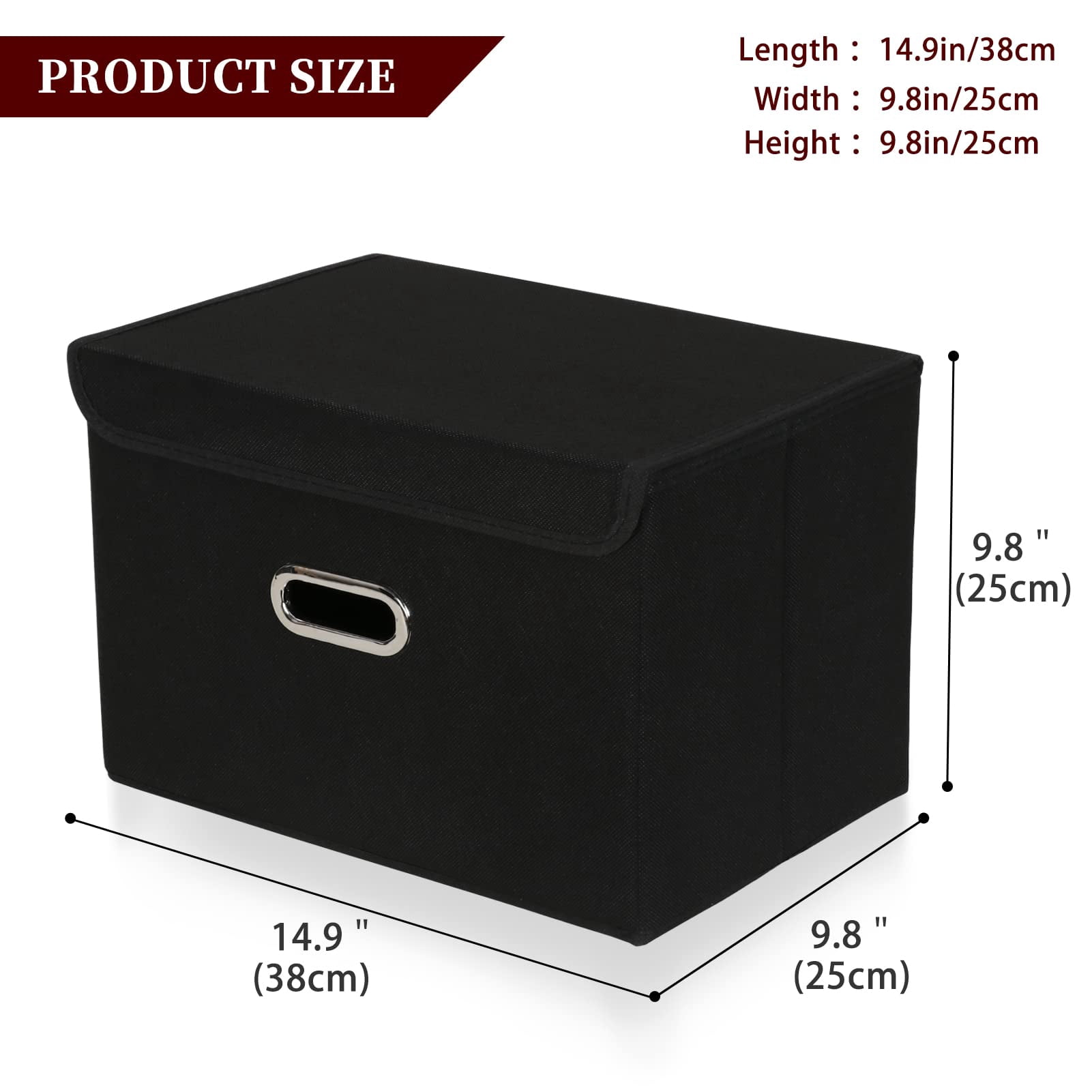 Bevtee Fabric Storage Bins with Lids, 3pc Storage Basket, Collapsible Cube Organizer Container, Metal Handles, for Bedroom, Closet, Black