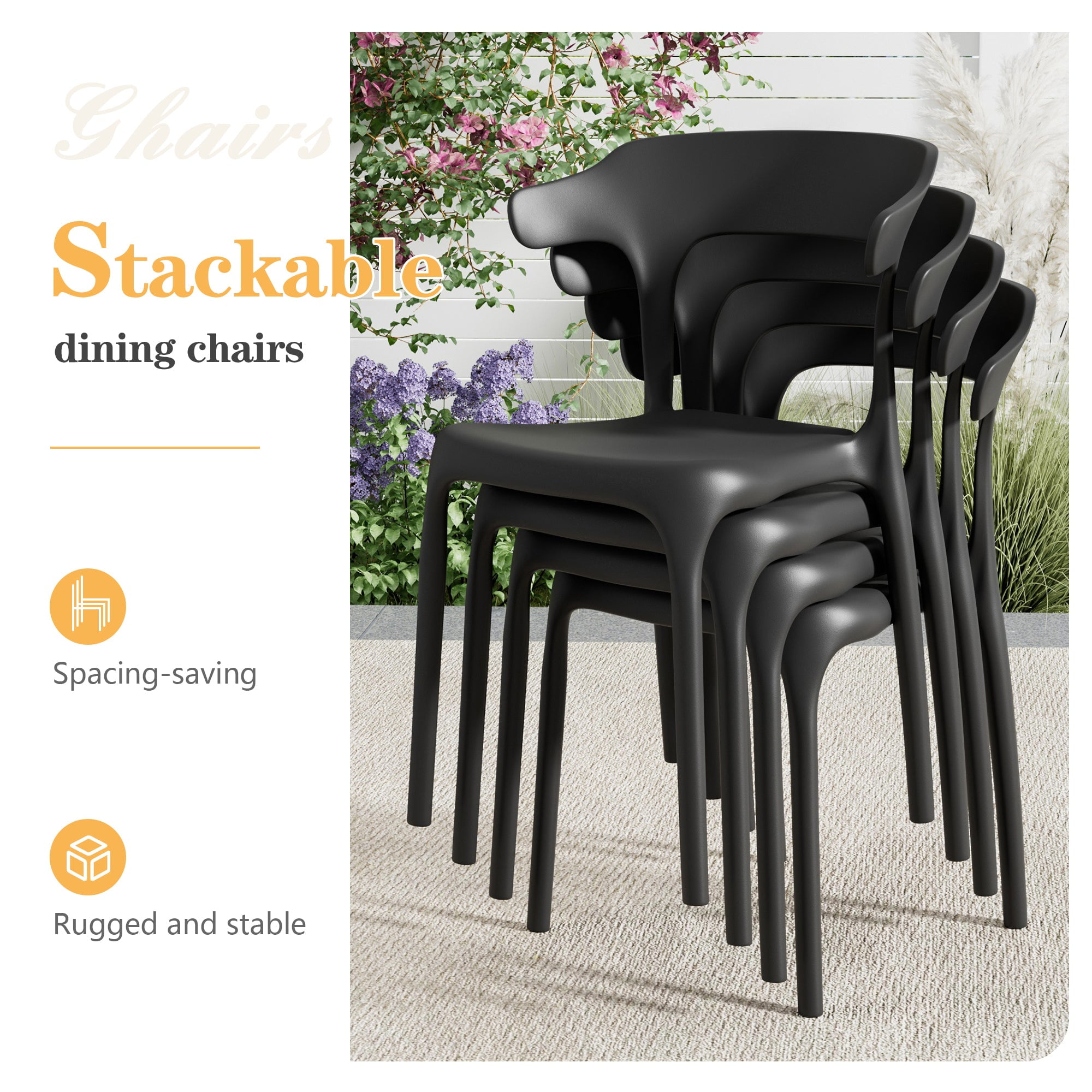 VECELO Stackable Patio Dining Chair Set of 4, Outdoor/Indoor Dining Chairs for Restaurant, Poolside and Garden, No Assembly, Black