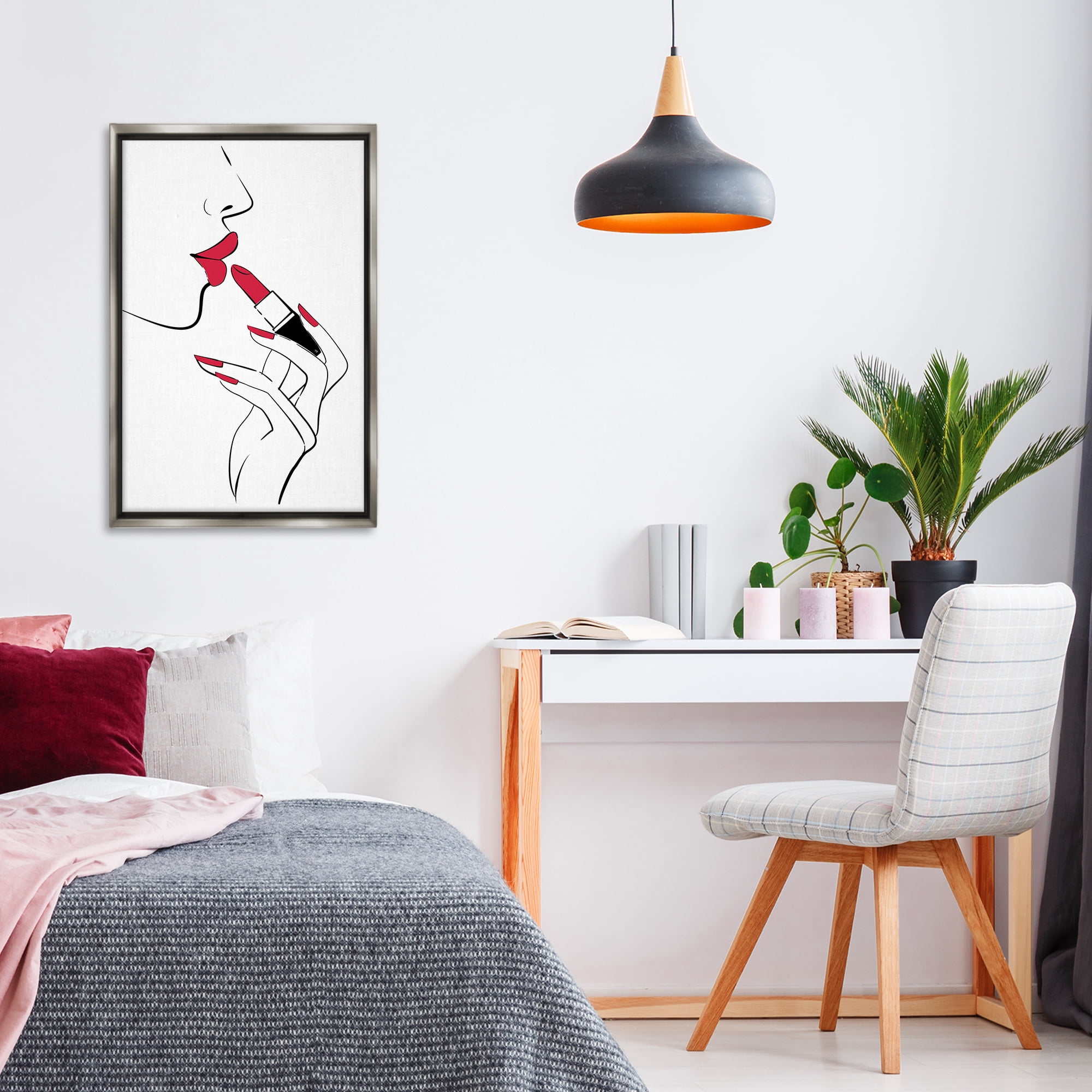 Stupell Industries Red Lips Makeup Novelty Painting Gray Floater Framed Art Print Wall Art, 21 x 31