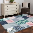 thumbnail image 4 of Botanical Patchwork 3'x5' Rug for Bedroom Foot of Bed Small Living Room, Teal Tropical Leaf Grey Plaid Washable Non Slip Rectangle Area Rug, 4 of 9
