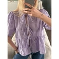 thumbnail image 5 of Yunliwuli Women's Summer Babydoll Tops Stripe/Plaid Print Half Sleeve Round-Neck Bow Tie-Up Front Loose T-Shirt, 5 of 8