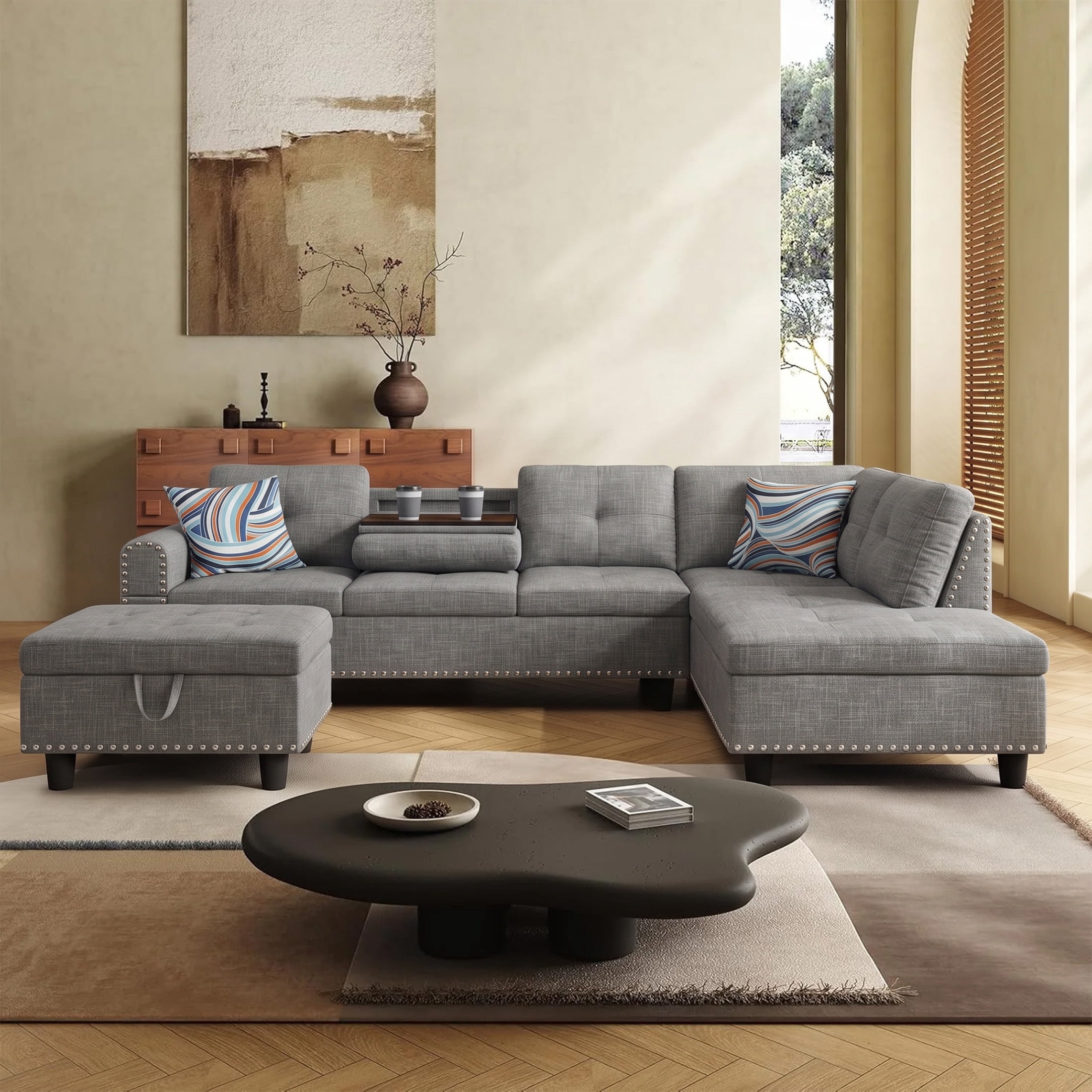 AENKYO 98" L-Shaped Sectional Sofa with Reversible Chaise, Storage Ottoman & Cup Holders, Linen, Gray
