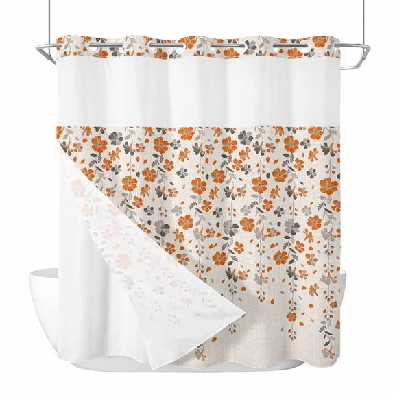 No Hook Shower Curtain, Weeping Flowers Standard Shower Curtains with Snap in Liner, Orange Grey Spring Floral Botanical Rustic Burlap Waterproof Washable Fabric Bathroom Curtain Sets, 66"W x 72"L